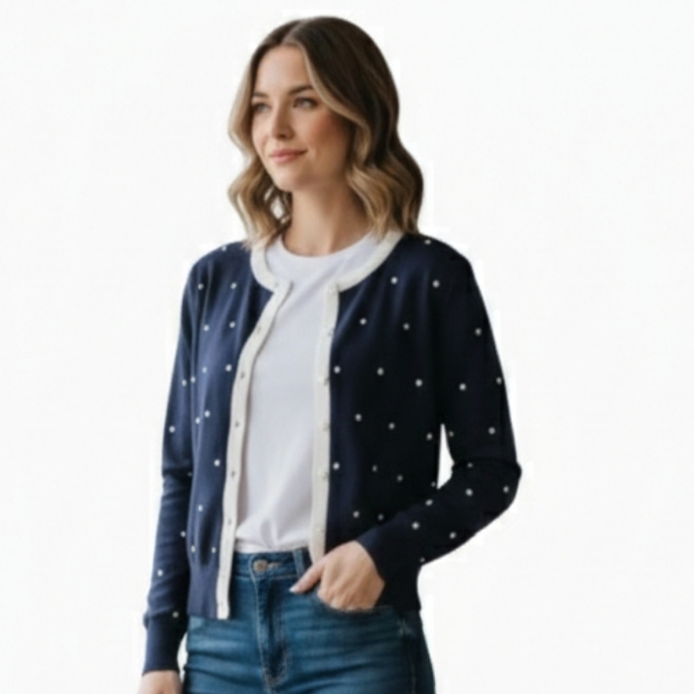 Cynthia Rowley Blue and White Polka Dot Cardigan Small 100% Cotton New W/Tags